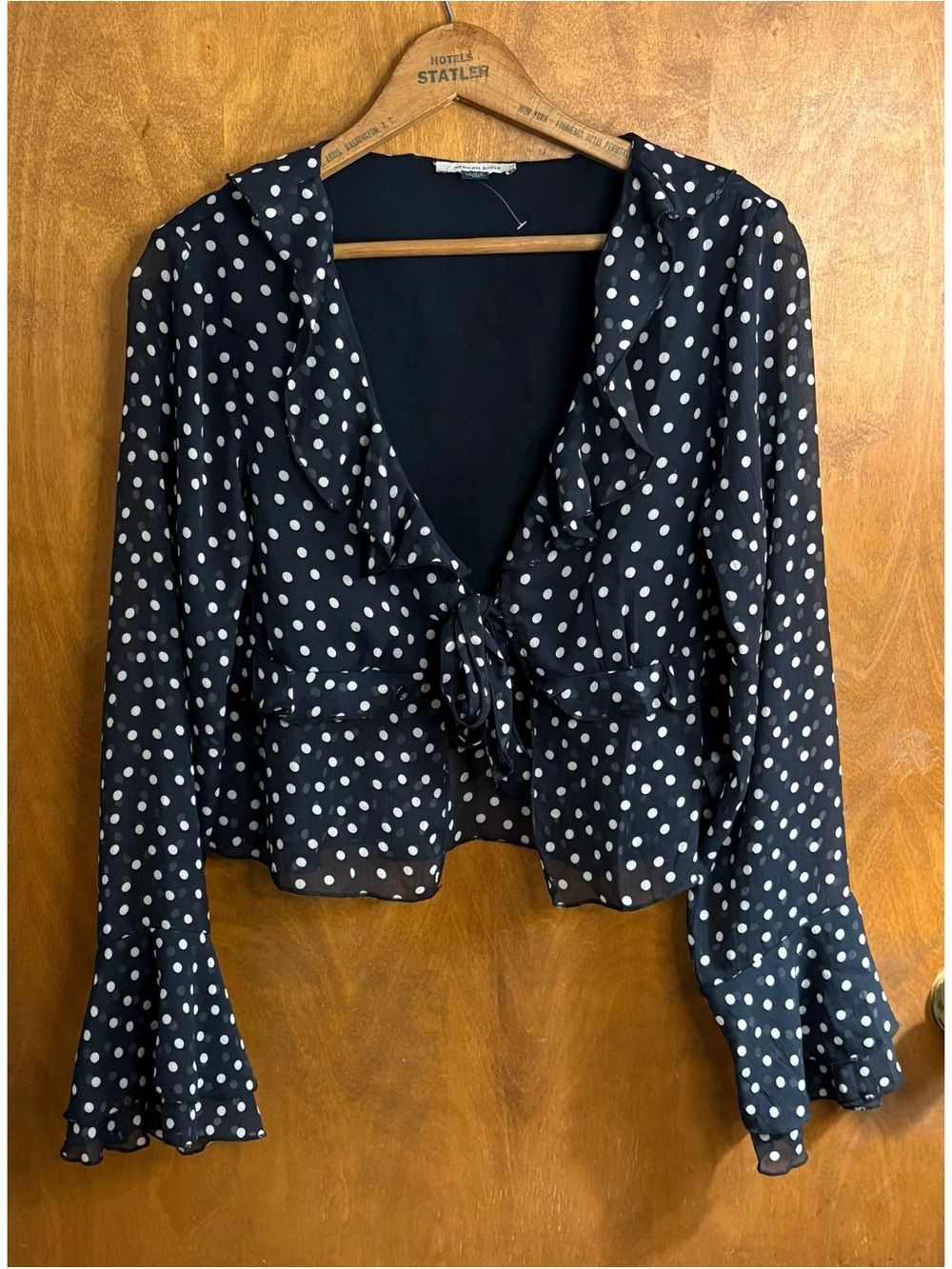 American Eagle Y2K Black & White Polka Dot Flyaway Tie Top Ruffle Preppy Sheer